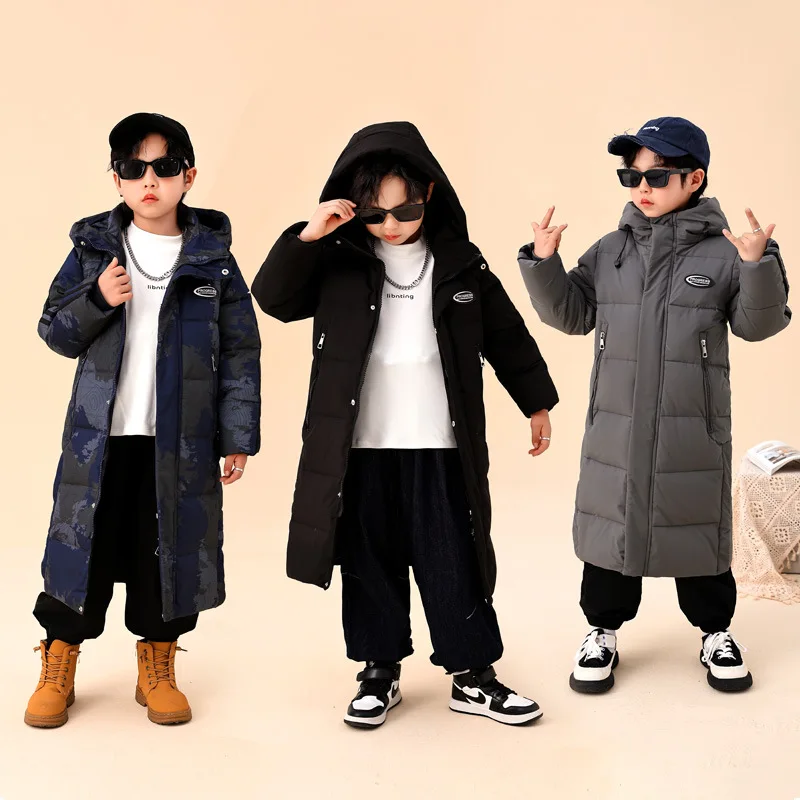 Winter Down Jacket for Kids Black Hooded Windproof Coats Teen Boys Mid-long Outerwear Children Thicken Warm Overcoat 6 8 10 12 Y