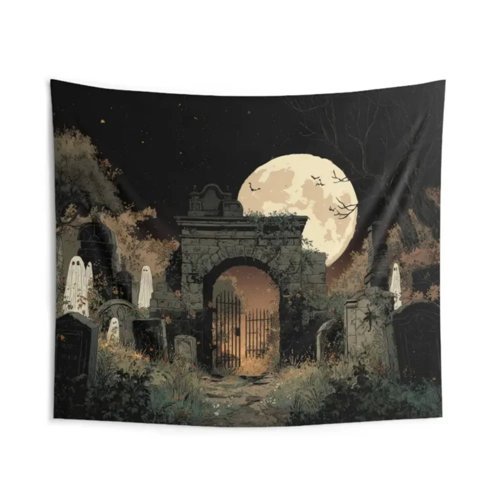 

Moonrise Gravegate Tapestry With Full Moon Haunted Cemetery and Ghosts Spooky Gothic Halloween Wall Art for Witchy or Dark Decor