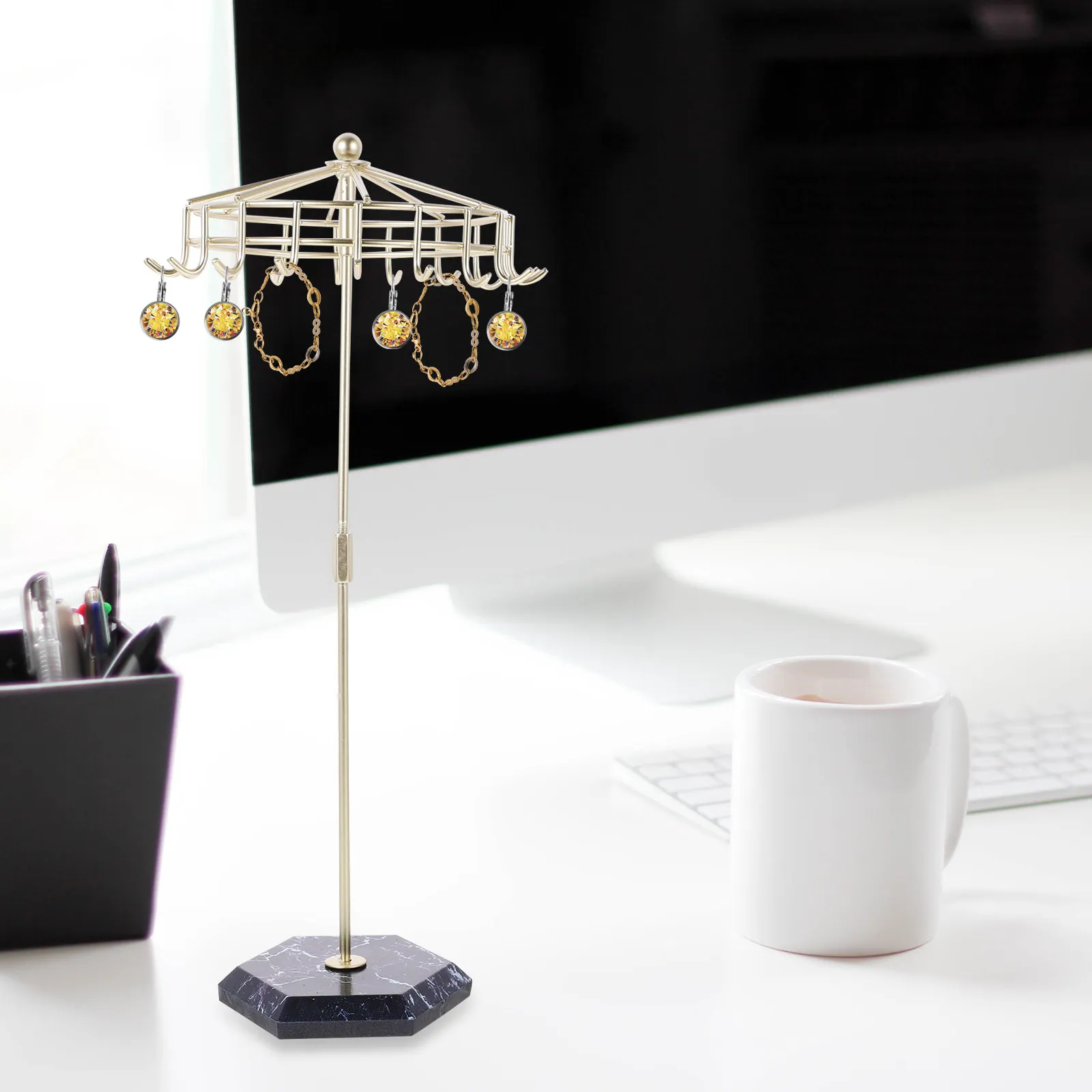 

Настольный органайзер для украшений: подставка-зонт для демонстрации ожерелий, серег, браслетов, колец, нержавеющая сталь, железо, АБС-пластик, мраморный дизайн, устойчивая конструкция