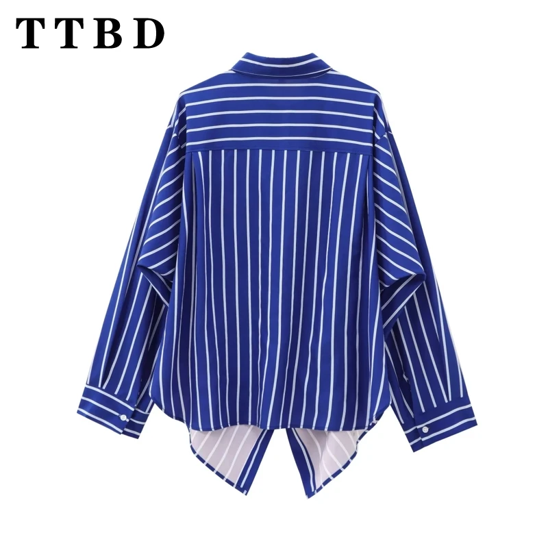 TTBD 2024 New Autumn Woman\'s Casual Single-breasted Long Sleeve Striped Shirt Coat Female Vintage Turn-down Collar Top Jacket