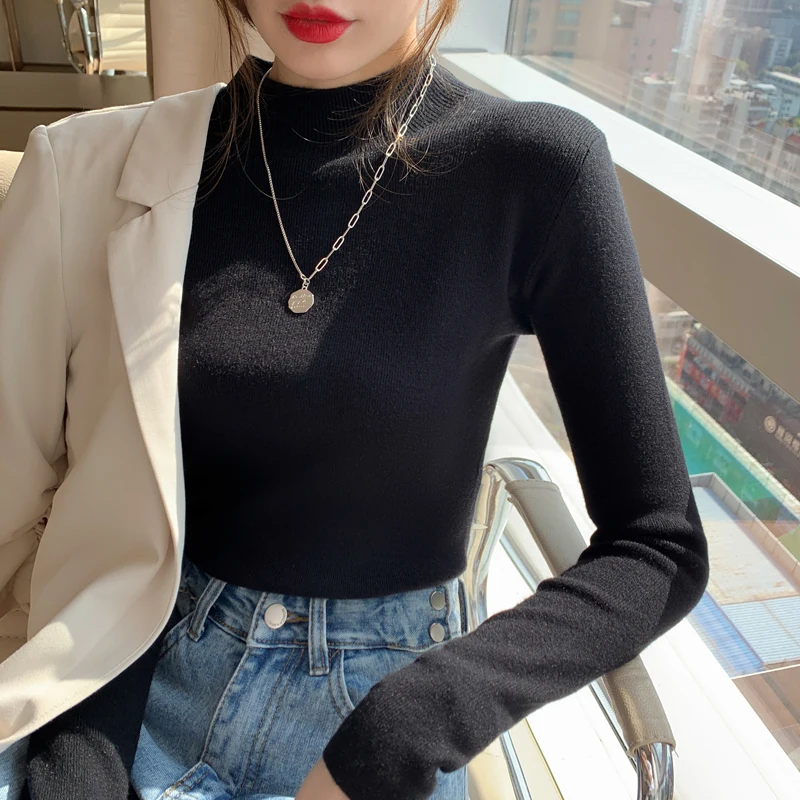 Zjaiss Women Fashion Stretch Tops Autumn Winter Turtleneck Sweater Women Knitted Pullovers Long Sleeve Slim Versatile Sweaters