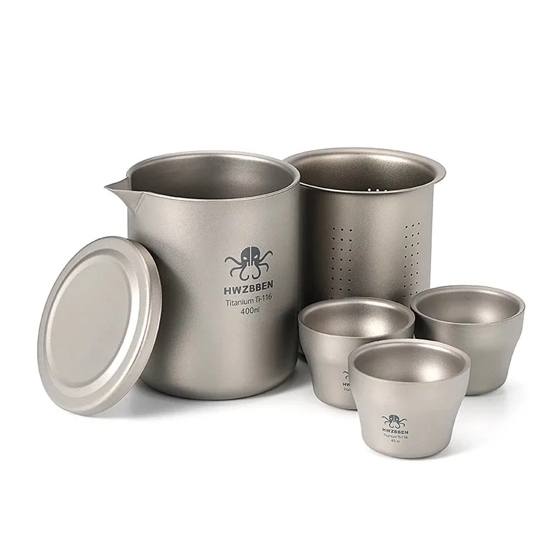 

HWZBBEN Ti116 Titanium Double Layered Kung Fu Tea Set 400ML Chickbeak Tea Maker Set with 3 pcs Teacup for Outdoor Camping