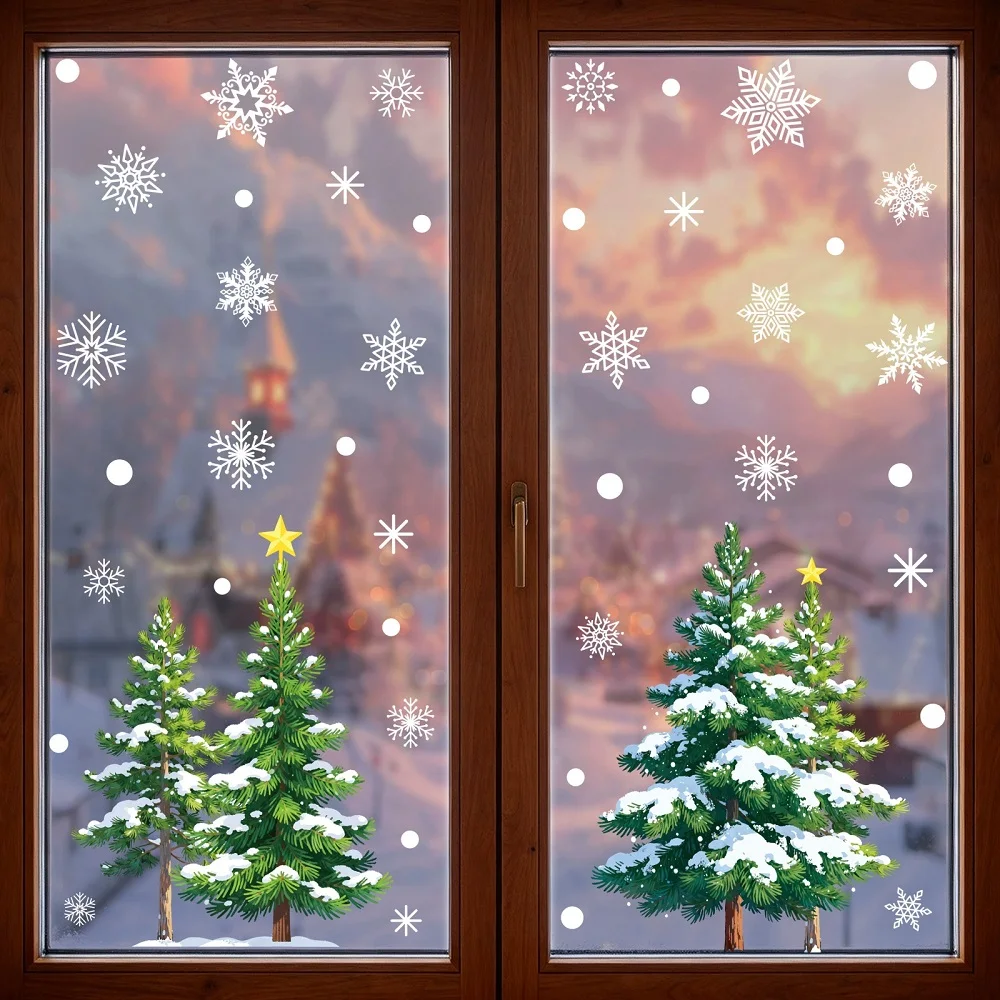 Christmas Tree Window Stickers Decoration for Home Shopping Mall, Green Cedar Snowflake Static Cling Decals for Glass