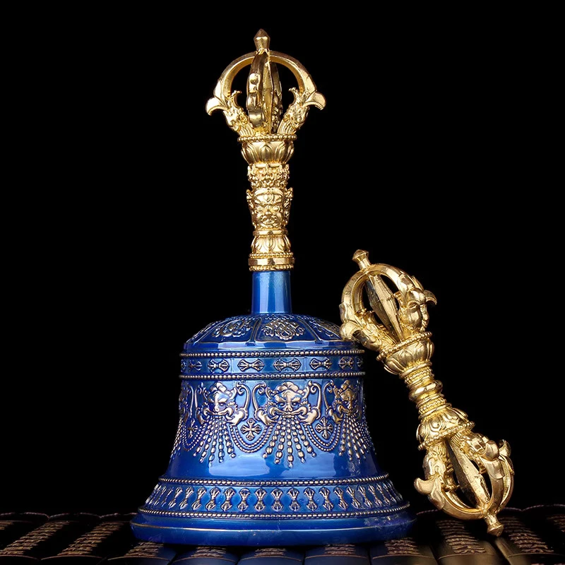 Blue Tibetan Bell Tantric Instrument Nepalese Handmade Bronze Five-cobalt Bell Rattle Dao Bell Five-strand Vajra Bell and Pestle