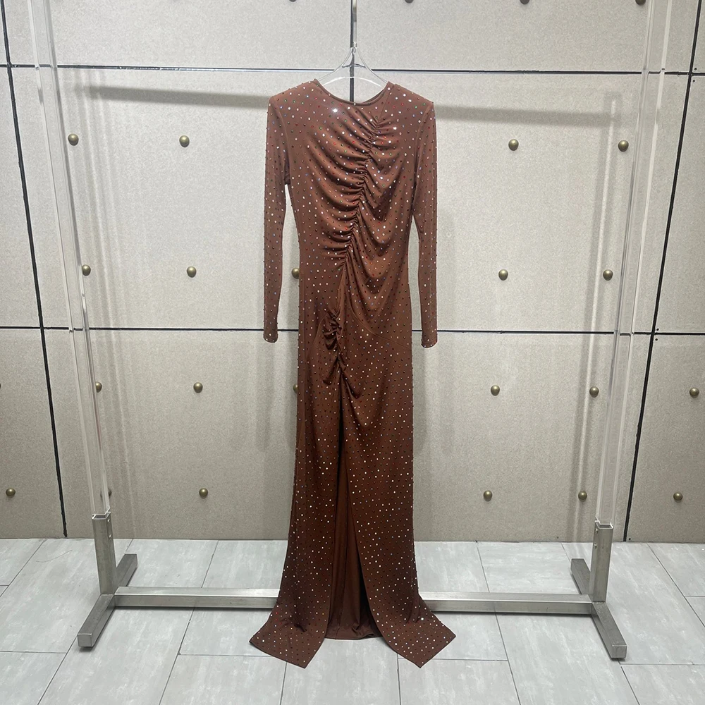 

Y2K High-Quality Full Drill Colorful Women's Dress Slim Fit Pleated with Slit Hem Elegant round Neck Long Sleeve for Summer 2025