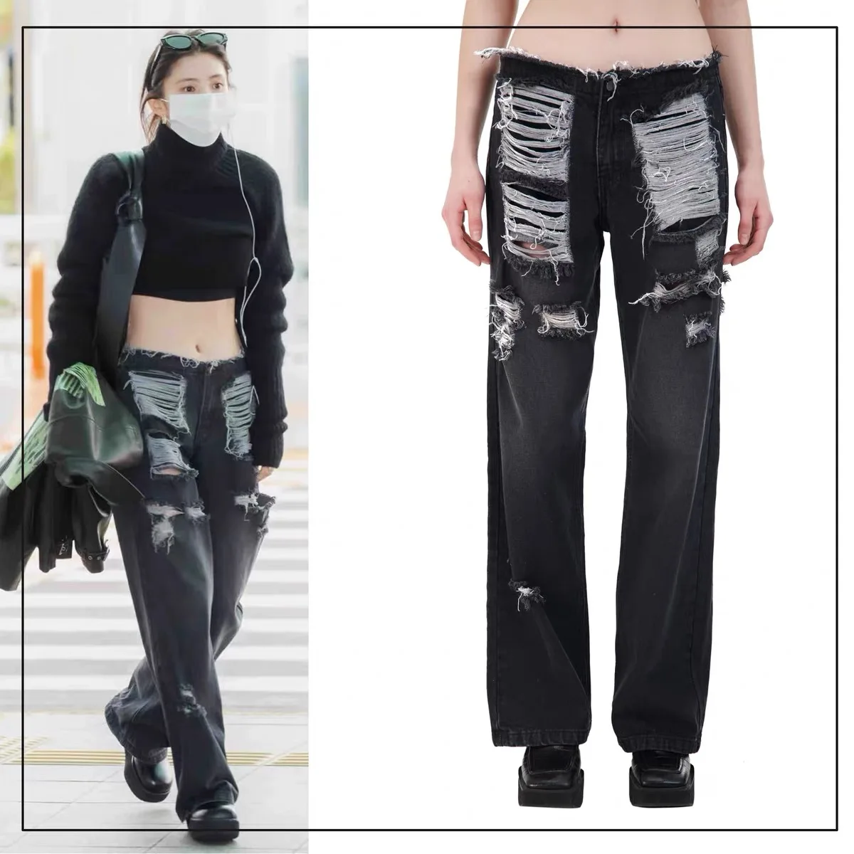 

Straight Leg Jeans Distred Waed Denim Pants Long Trousers l Waist Zipper Closure Anti-Wrinkle Maintains S...