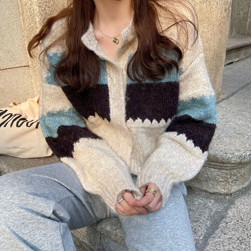 

Vintage Contrast Color Knit Cardigans Female Korean Single-Breasted Striped Sweaters Woman Streetwear Y2K Cropped Knitwear Coat