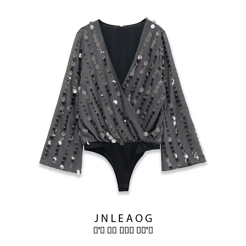 

JNLEAOG женский модный цельный костюм с бисером, прямой уличный костюм с высокой талией, брюки из полиэфирного волокна