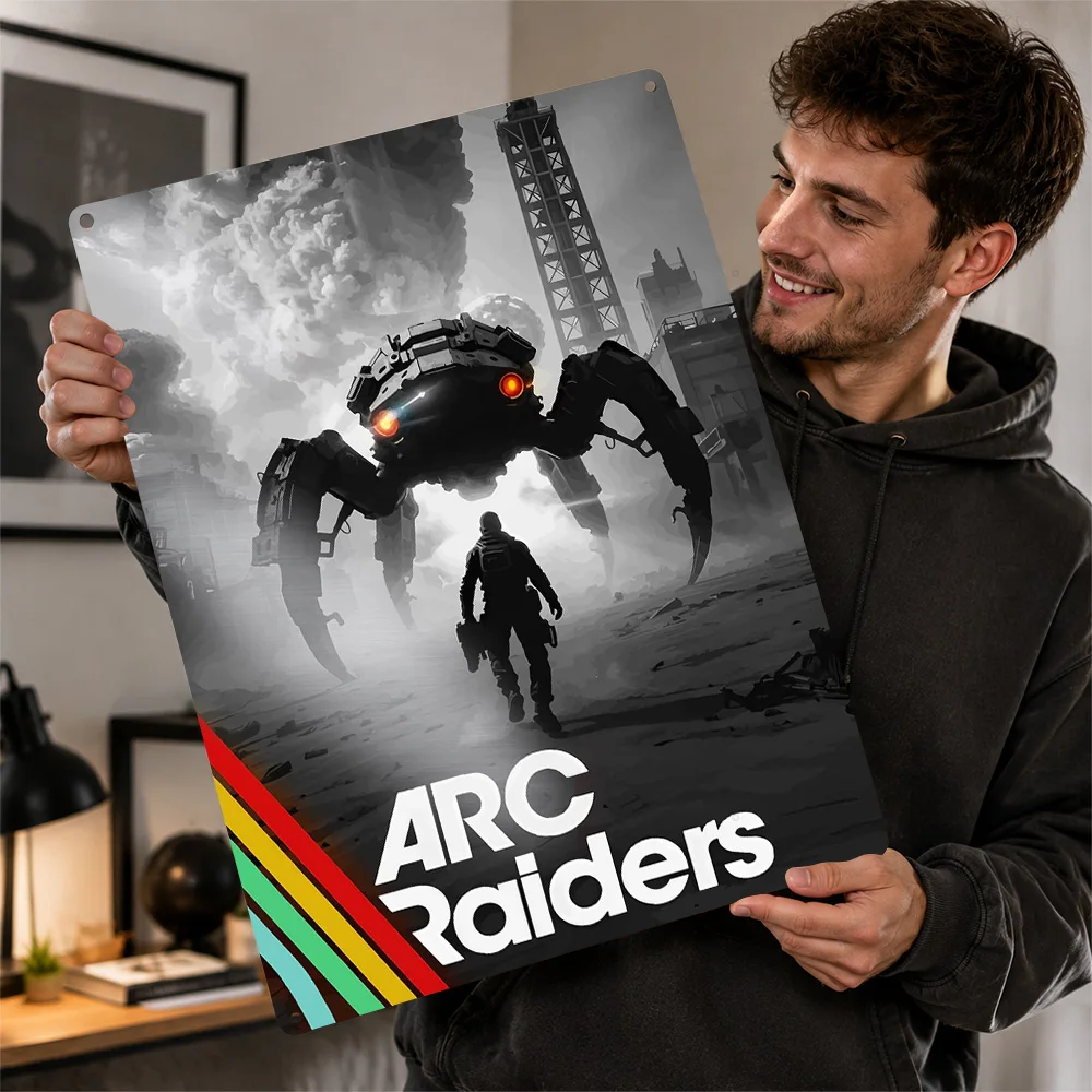 ARC Raiders Man Versus Machine Aluminum Poster Monochrome Wall Art For Bedroom Personalized Metal Sign Video Game Fan Gift Idea