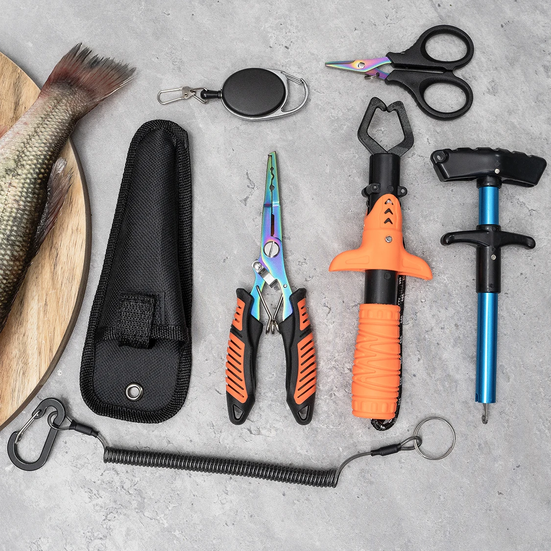 مجموعة أدوات صيد مكونة من 7 قطع، كماشة صيد احترافية طويلة الأنف، مقص قطع خط مضفر مقاوم للمياه المالحة
