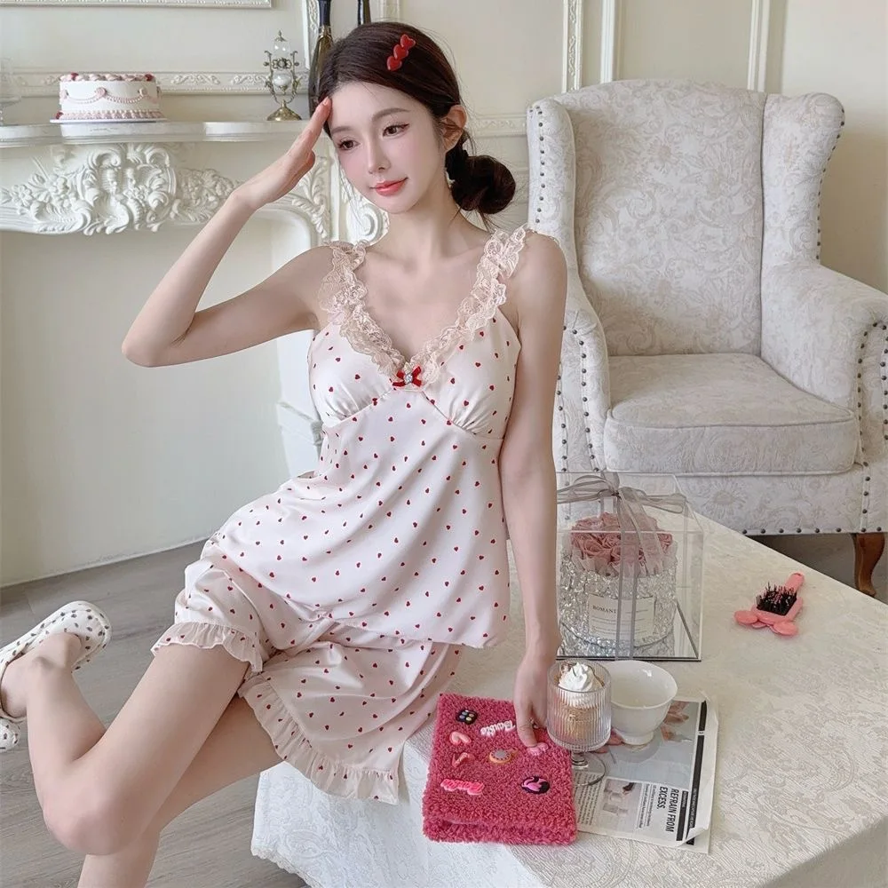 Luxury Womens Summer Ice Silk Camisole Polka Dot Shorts Pajama Set With Heart Lace Trim Sweet Cute High End Loungewear