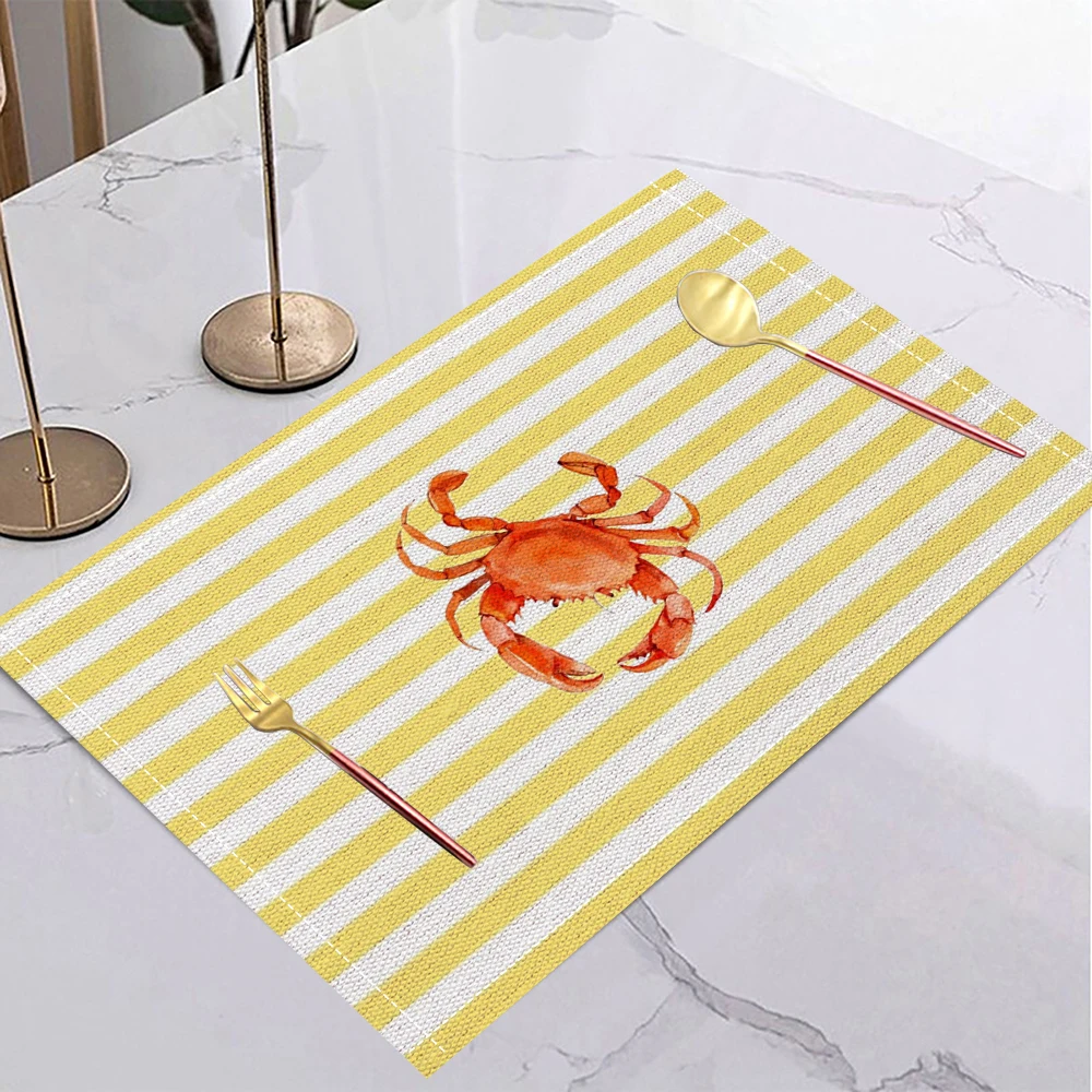 Ocean Theme Table Mat Placemats Yellow And White Stripes With Red Crab Illustration For Dining Table Decor Nautical Vibe