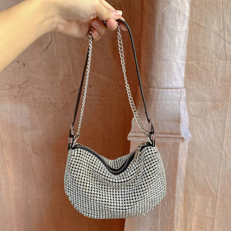 Trendy shiny and ineffective rhinestone armpit bag, semi-circular bag, one shoulder, hand-held, personalized chain, moon bag