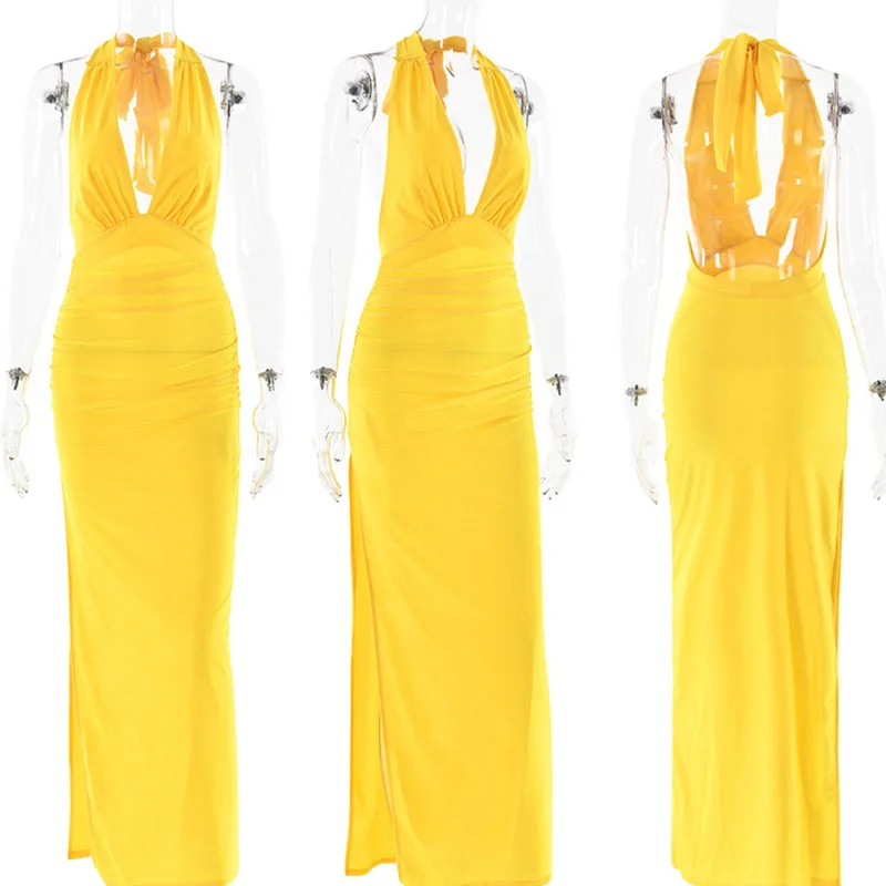 Doyerl Sexy Halter Backless Diepe V-hals Feestjurken Vrouwen Avond Verjaardag Nachtclub Hoge Taille Split Satijnen Prom Maxi Jurk