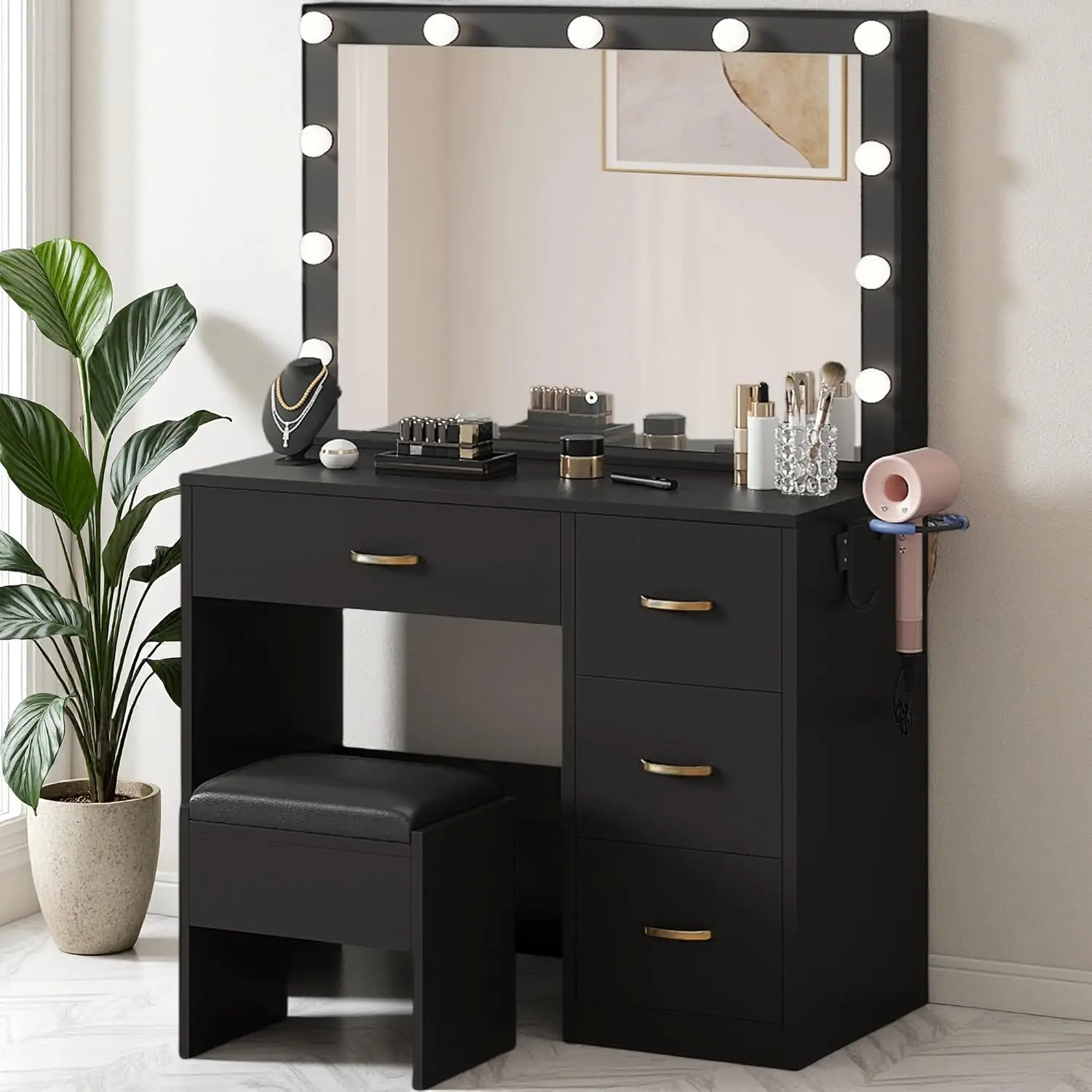 Lighted Mirror Makeup Vanity Desk with Power Outlets, Storage Drawers, and Stool