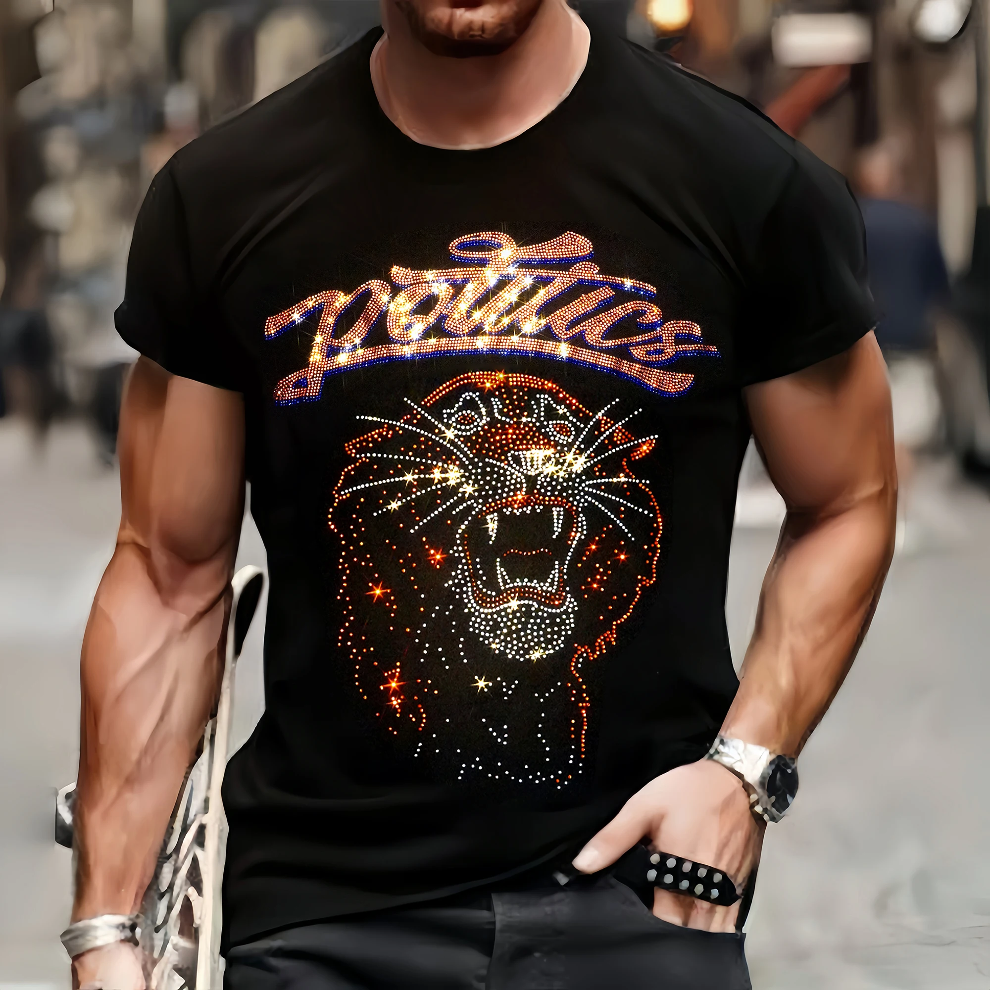 S-3XL Luxury Mens Quality T-Shirts Autumn Casual Street Short Sleeve Clothing Tee Tops O-Neck Tiger Rhinestone Campus Tshirt Y2k