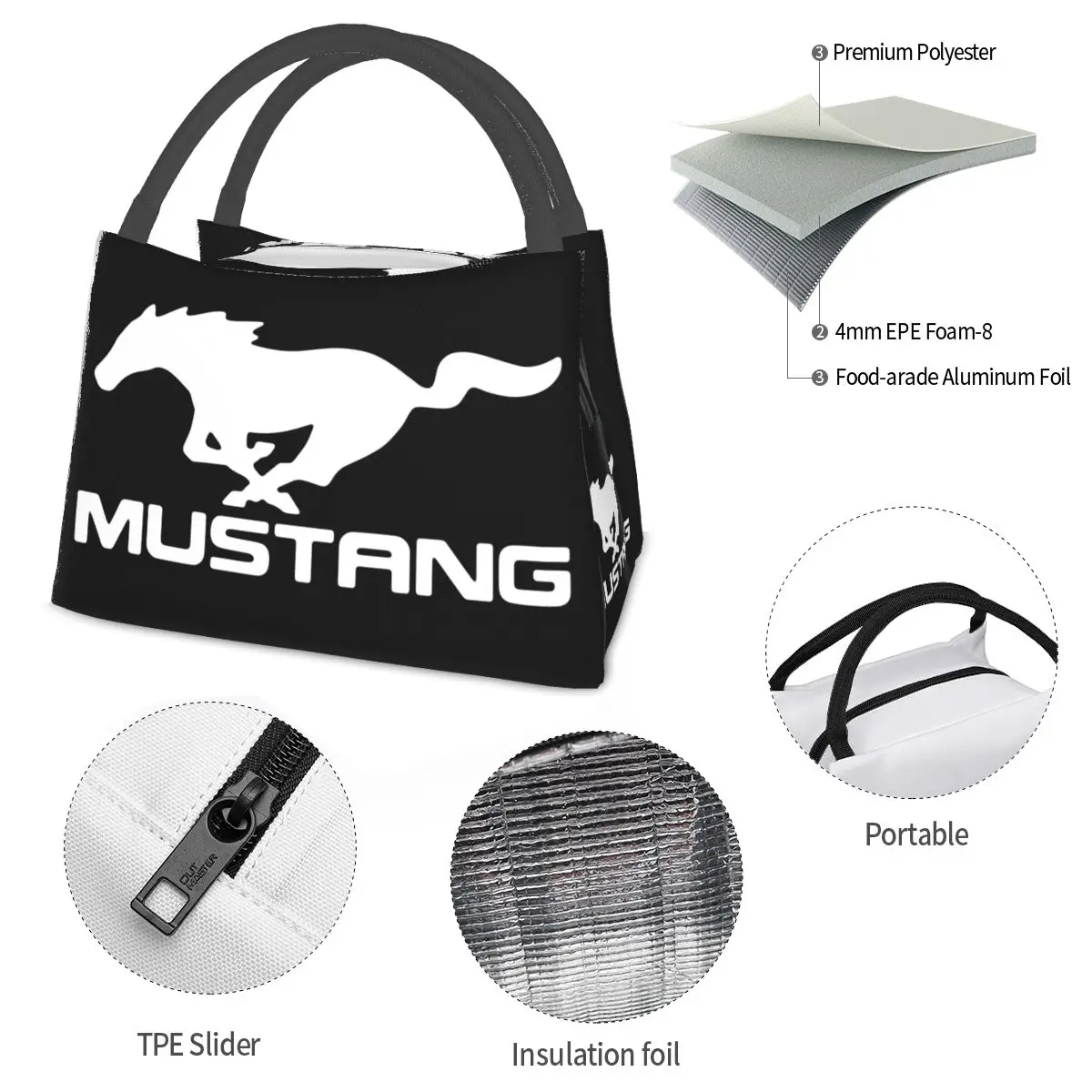 Mustang Logo Draagbare Isolatiezak Voor Koeler Food Office Pinic Container