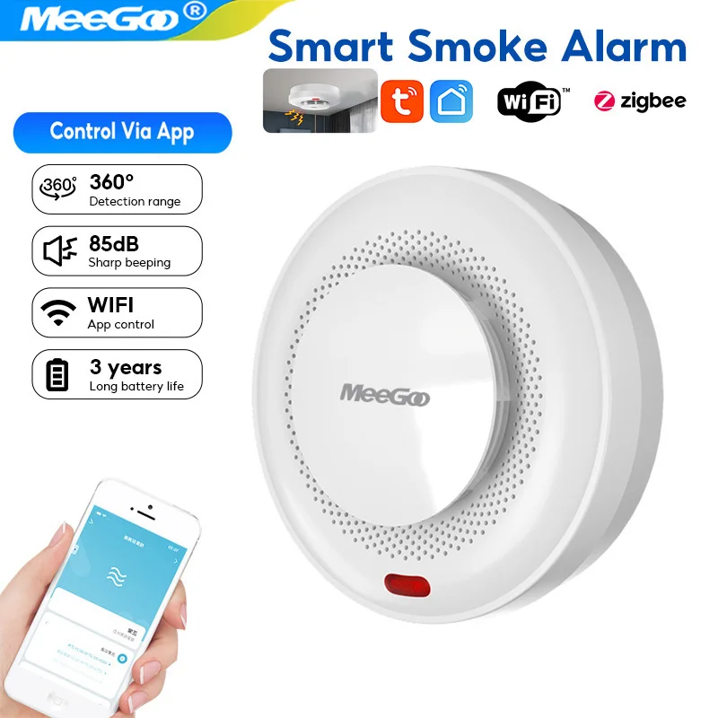 MeeGoo Tuya Smart WiFi датчик дыма пожарная защита детектор дыма 85 дБ звуковая система безопасности пожарные Smartlife управление через приложение