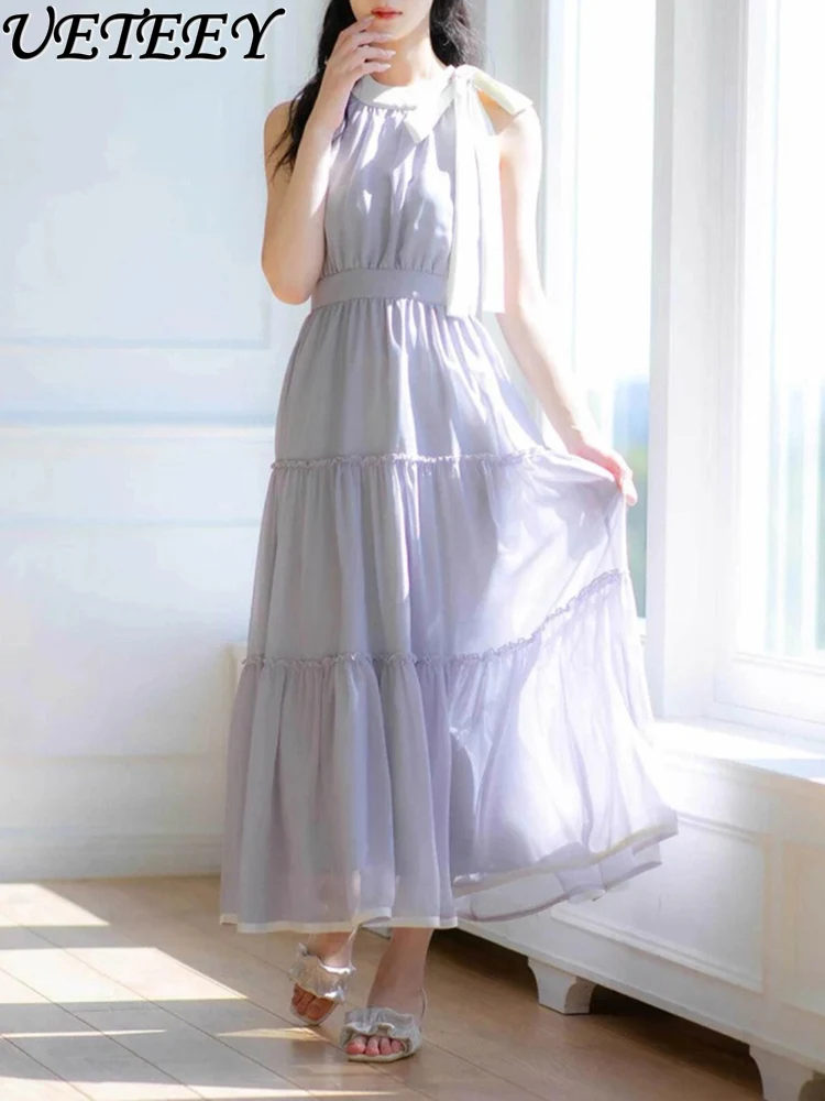 Lente en zomer nieuwe zoete stijl halter hals ronde hals hoge taille afslankjurk mode stip vlinderdas lange jurken