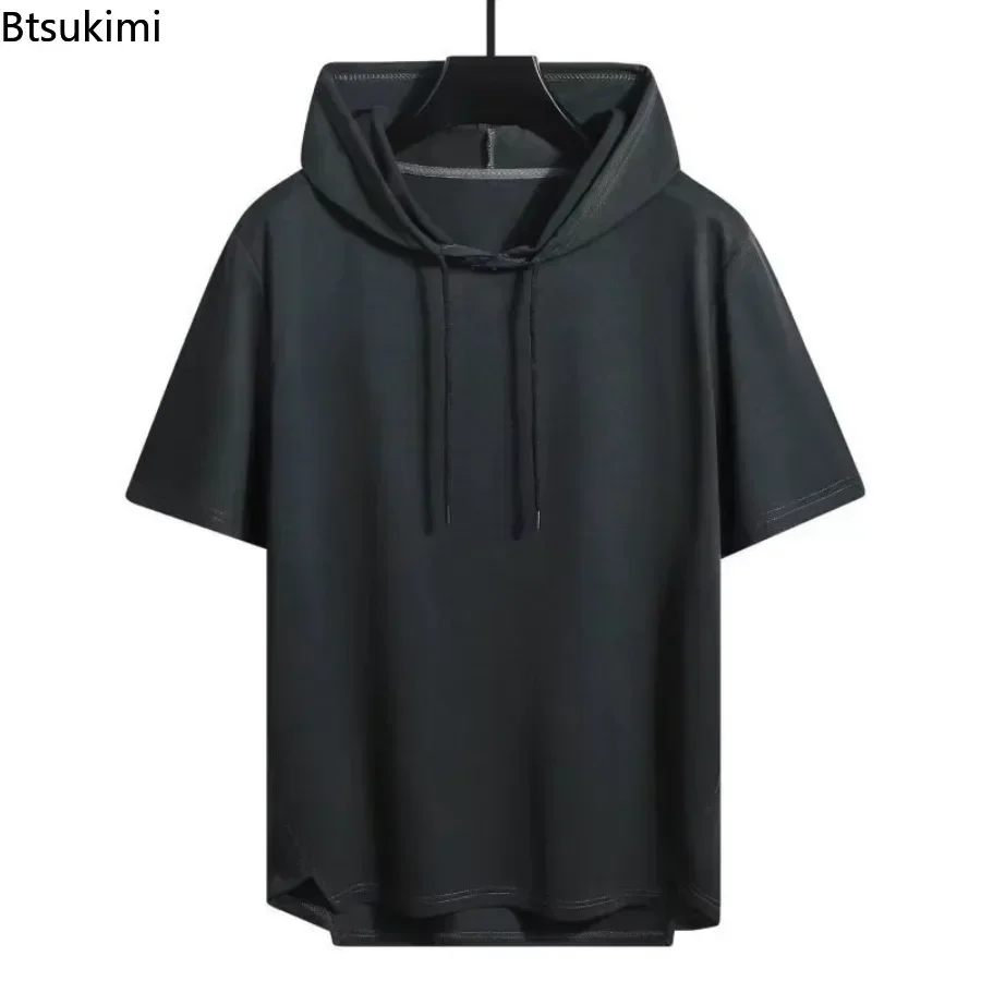 2024 Men\'s Summer Hoodies T-shirts Short Sleeve Solid Color Loose Hooded Drawstring Pullover Tops Basic Tees for Daily Wear Male