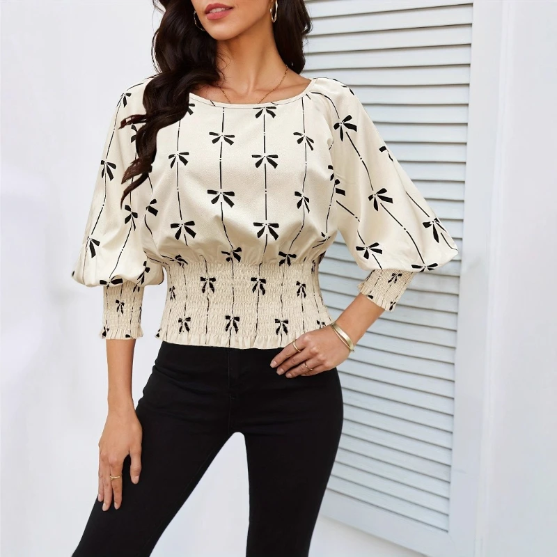 

Spring and Summer Temperament Fashionable Printed Shirt with Waisted Lantern Sleeves and Black Fungus Edge Women's Top