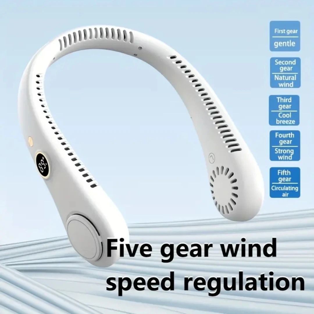 

Portable Bladeless Neck Fan - 360° Cooling Wearable Personal Fan For Travel And Outdoor ,Rechargeable, USB-Powered - 5 Speeds