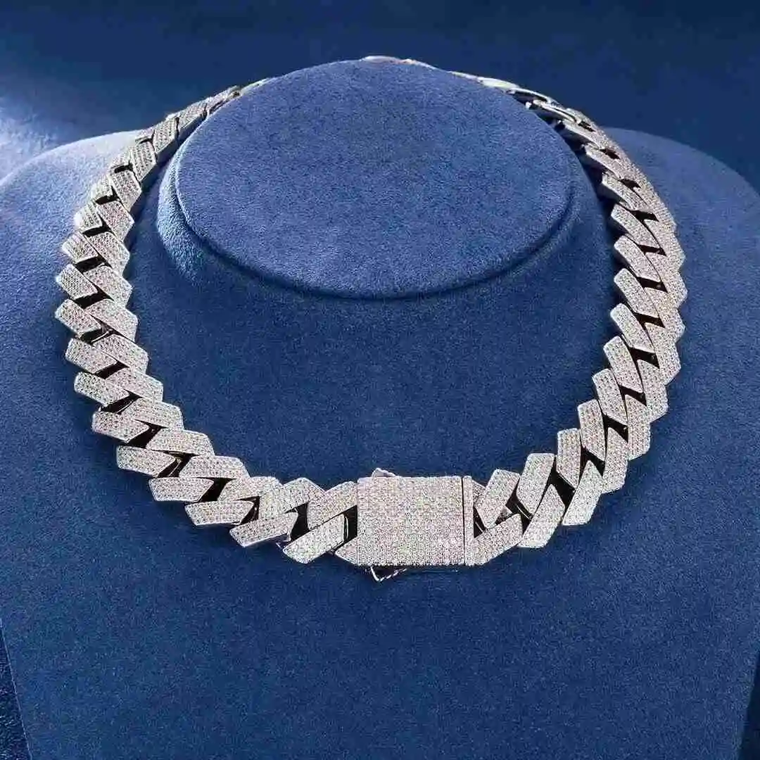 Pass Diamond Tester Gra Certificate 19mm 925 Sterling Silver 3row Vvs Moissanite Diamond Men Cuban Link Chain Bracelet Necklace