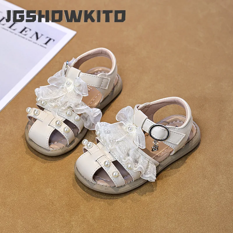 

JGSHOWKITO Summer Children Princess Sandals Lace Ruffled Edge Kids School Shoes Hollow-out Pearl Lolita Girls Dress Flat Sandals