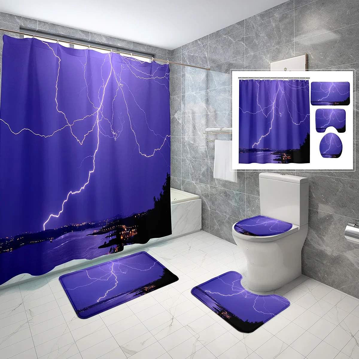 Lightning Shower Curtain Sets 4 Pcs with Non-Slip Rugs Mat Toilet Lid Natural Shock Lightning Waterproof Shower Curtain Set
