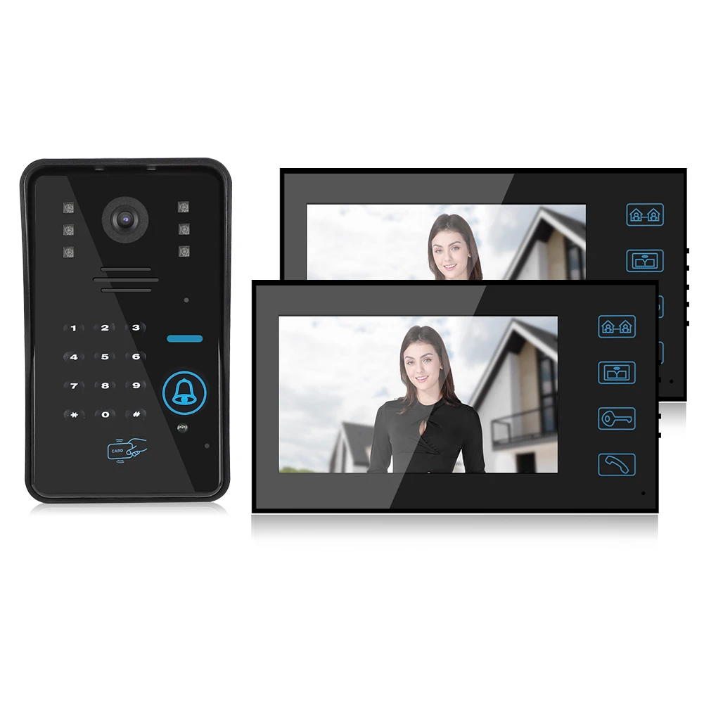 7in Wired Video Doorbell Password Card Remote Control System Doorphone 2 Monitors Night Vision Intercom for Home Door Security
