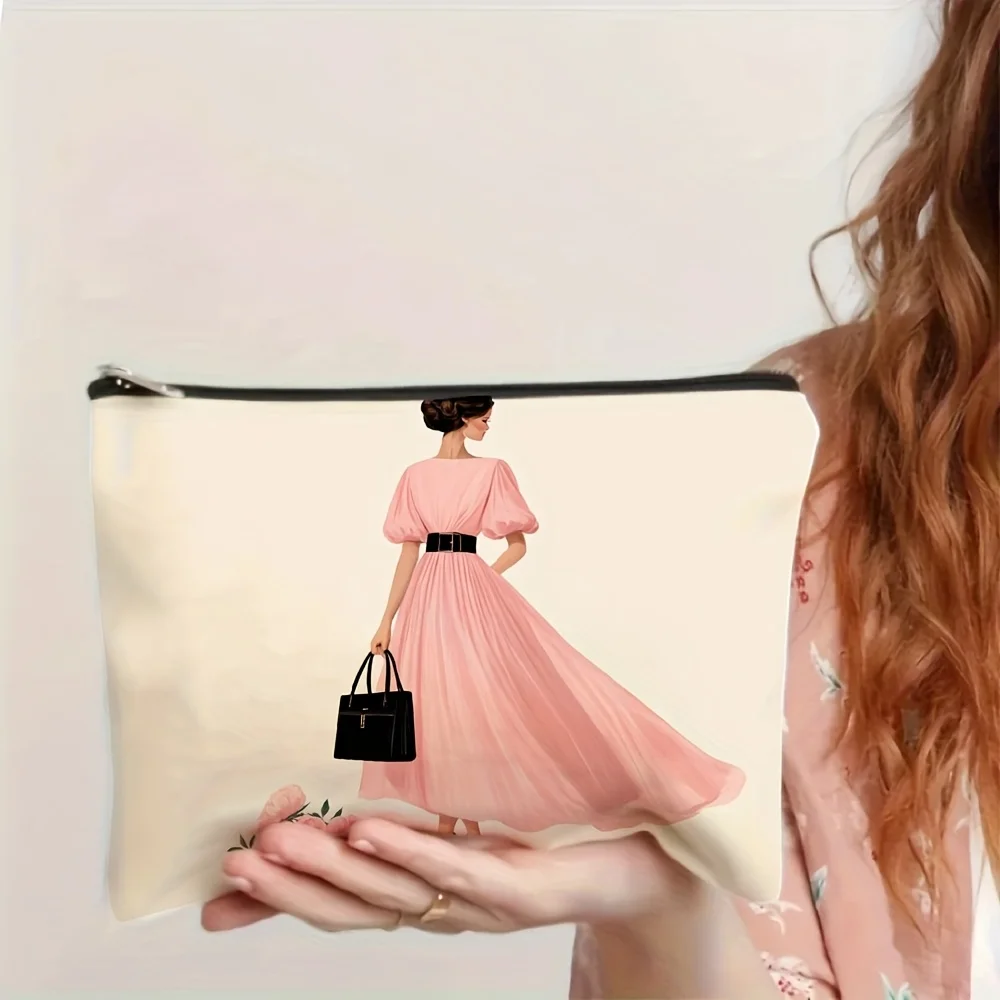A Women's Elegant Dress Printed Pattern Makeup Bag- Multifunctional Zipper Pouch, Jewelry Storage Bag Gift for Girlfriend