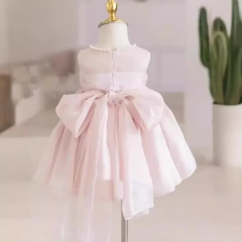 Sweet Cute Girl Princess Dress Sleeveless Fashion Dresses Beading Solid Clothes Birthday Party Infant Vestidos Kid Clothing
