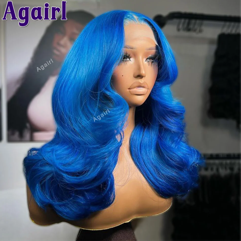 Peluca de cabello humano ondulado de 13x6 y 13x4, pelo de bebé prearrancado, color azul cielo, 200% de densidad, brasileño, Remy, encaje Frontal transparente