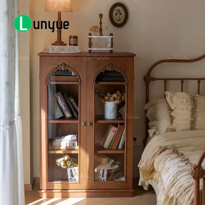 Vintage Wooden Bookcase Double Door Glass Display Cabinet 6 Tier Shelf Home Furniture for Living Room Dining Room Decoration