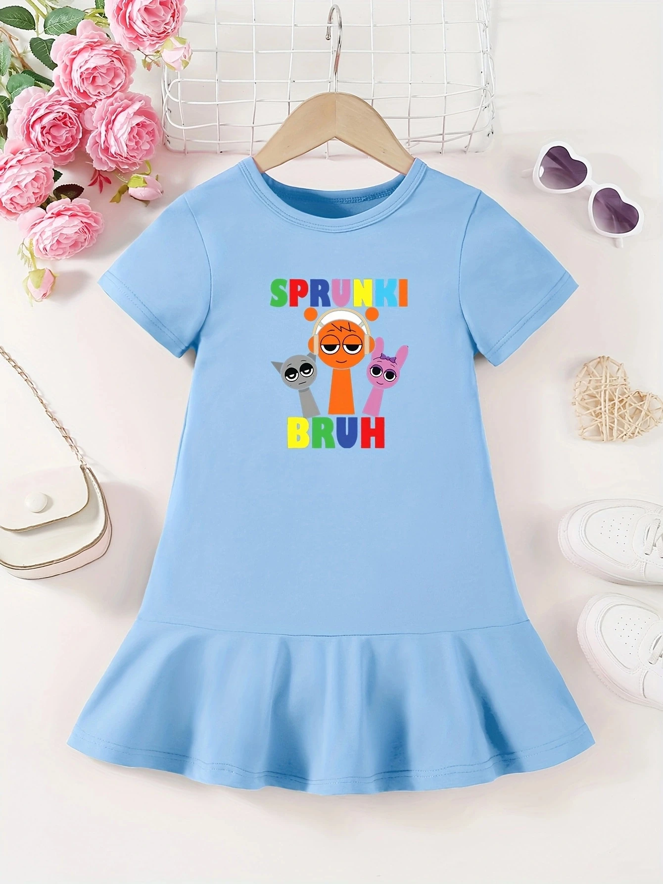 Girl SPRUNK game console character cartoon anime printed short sleeved dress, sweet ruffled hem skirt