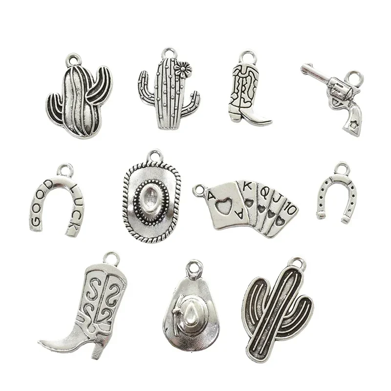 11pcs Mixed Antique Silver Western Cowboy Charms Alloy Boot Gun Hat Pendants For DIY Bracelet Earrings Necklace Jewelry Making view 5