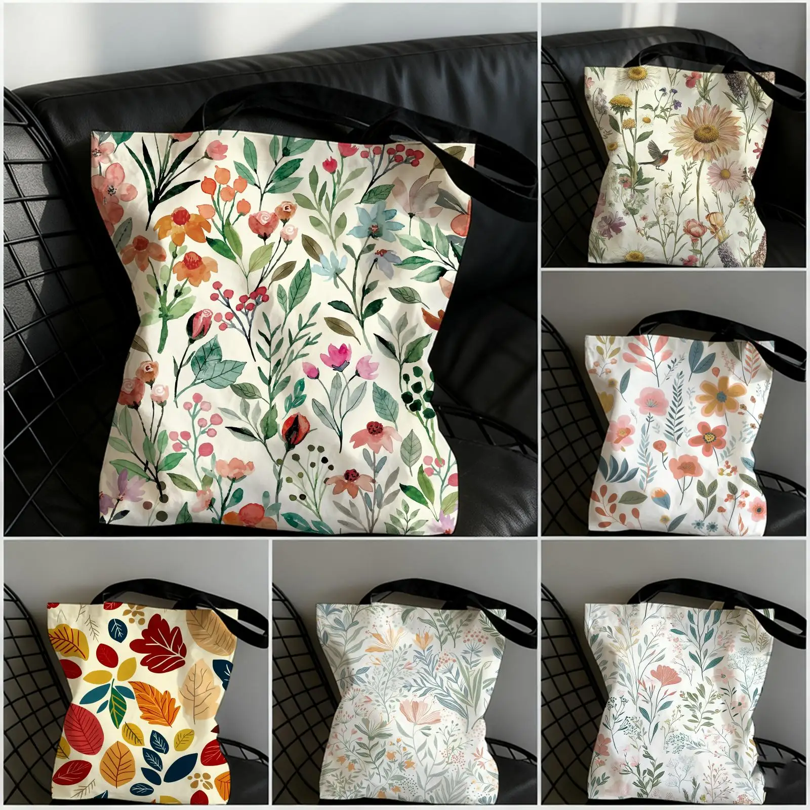 Colored Floral Patterns Storage Bags Double-Sided Printed Canvas Tote Bag Large Capacity Women Shoulder Handbag