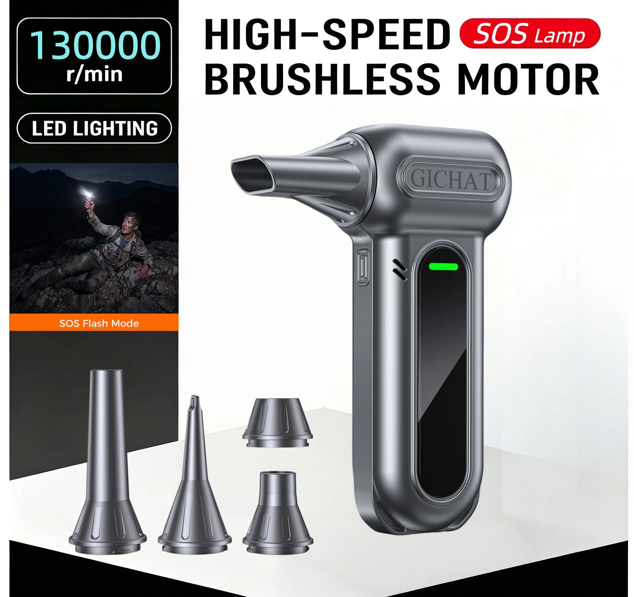 GICHAT Violent Fan W/ LED Lighting/SOS 130000RPM Powerful Air Blower Vacuum Dust Cleaner Turbo Jet Fan Blower Car Vacuum Cleaner