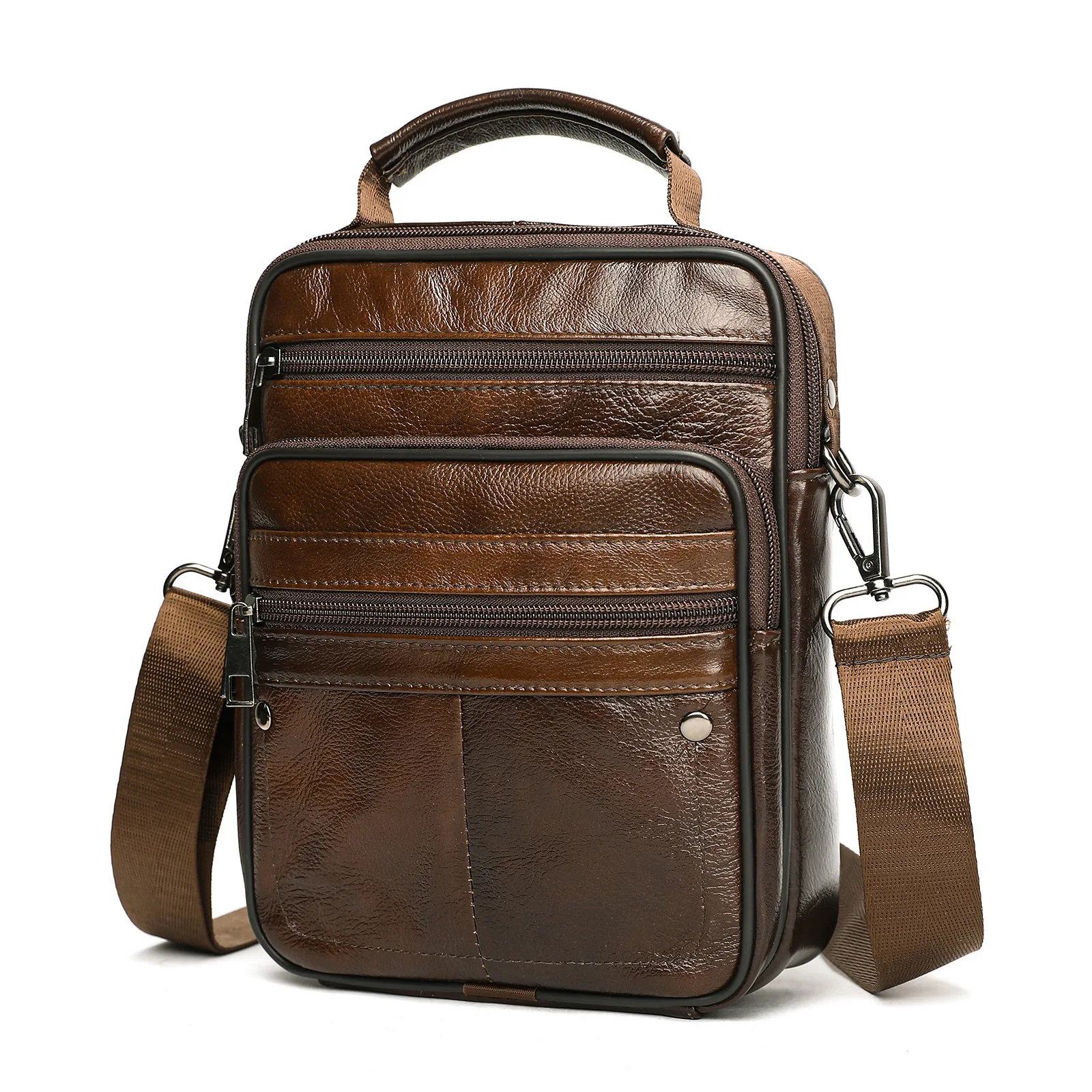 Men Genuine Leather Crossbody Bag Top Handle Multi Zipper Shoulder Handbag Adjustable Strap Pocket Casual Travel Business Purse