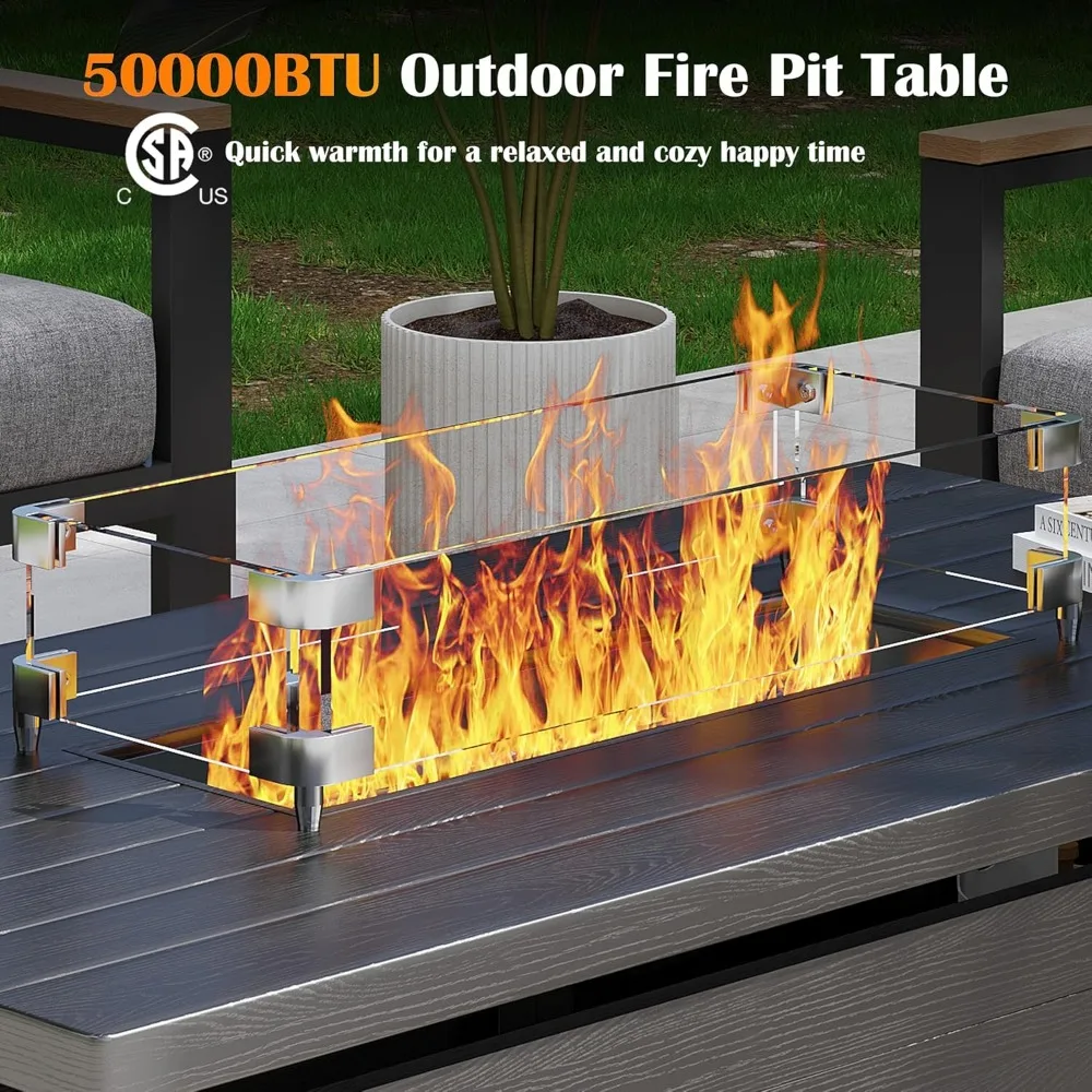 Sundale 50 Inch Outdoor Fire Pit Table, 50,000BTU Rectangle Propane Fire Pit with Glass Wind Guard, Rain Cover, Removable
