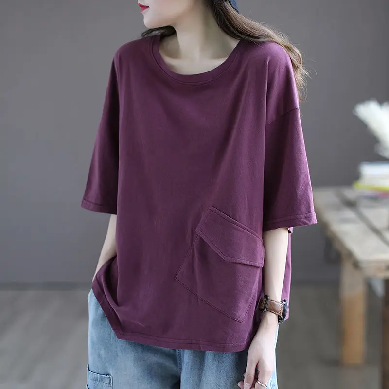 2024 Summer New Tees Fashion Casual Cotton Spliced Pockets Loose Thin Crew Neck Short Sleeve Solid Color All-match T-Shirts Tops