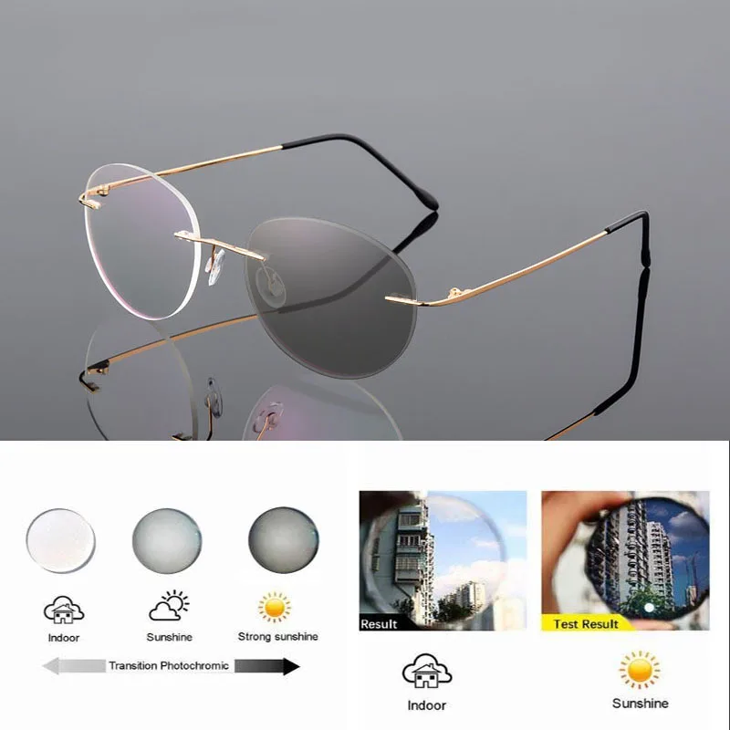 Speicher Titan Legierung Randlose Photochrome Lesebrille Männer Frauen Klar Presbyopie Brillen Outdoor Farbwechsel Gläser – Detail 7