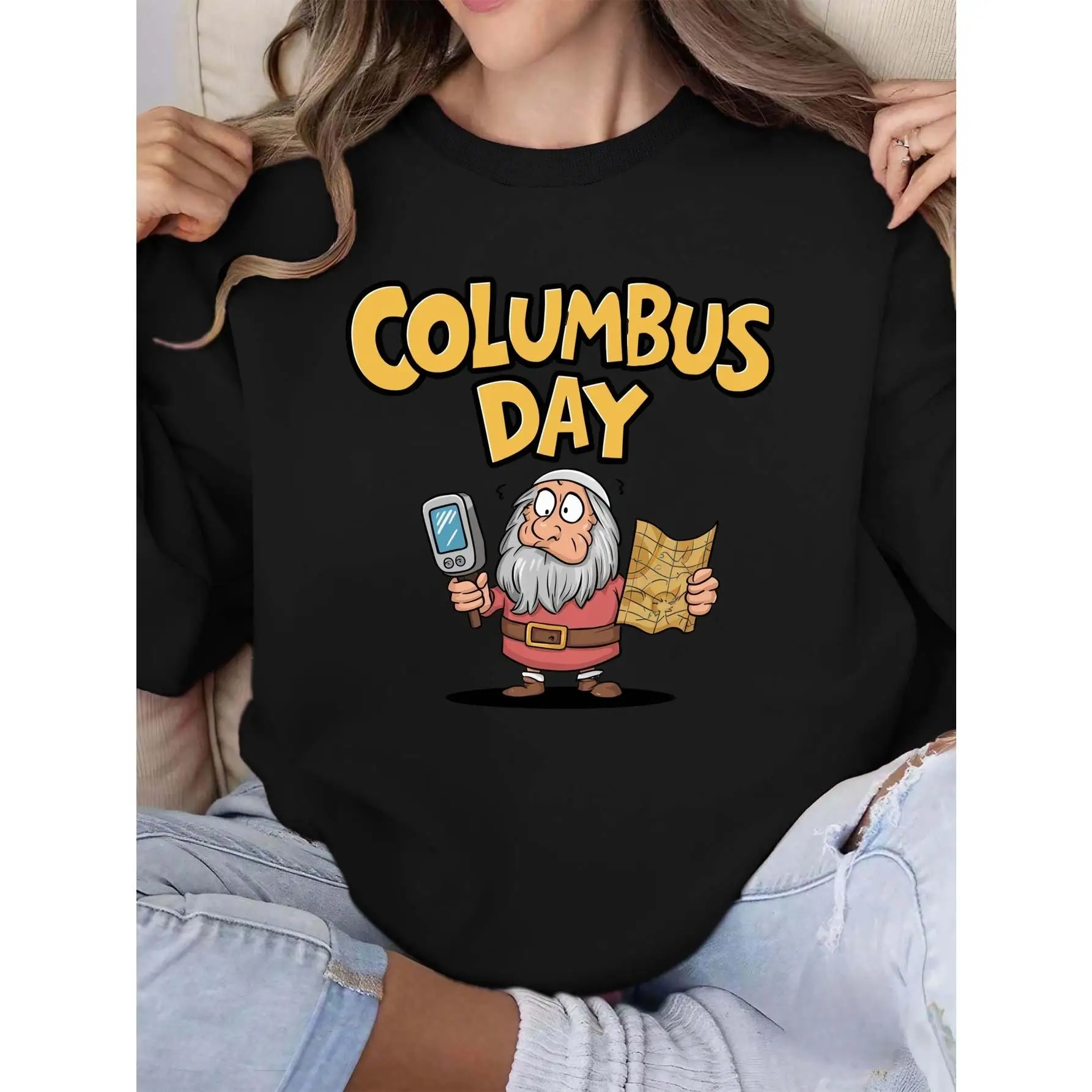 

Funny Columbus Day Crewneck Sweatshirt, Retro Cartoon Jumper, Vintage Navigato Graphic Top, Holiday Gift for Women