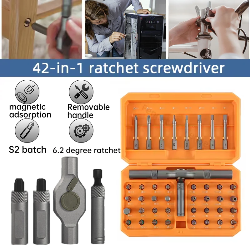 High hardness 42 in 1 effortless ratchet,rotatable magnetic screwdriver set,detachable handle,for home,office,school maintenance