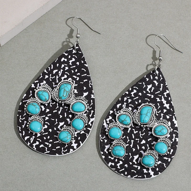 Western Animal Cow Pattern Leather Charm Mom Earrings National Style U-shaped Turquoise Alloy Women's Earrings Wholesale
