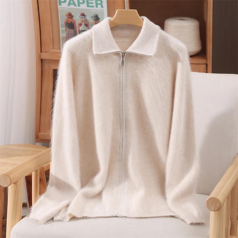 女性ミンクカシミヤセーターターンダウン襟ジッパーカーディガン秋冬ソフト暖かい服 100% ミンクカシミヤニットトップス