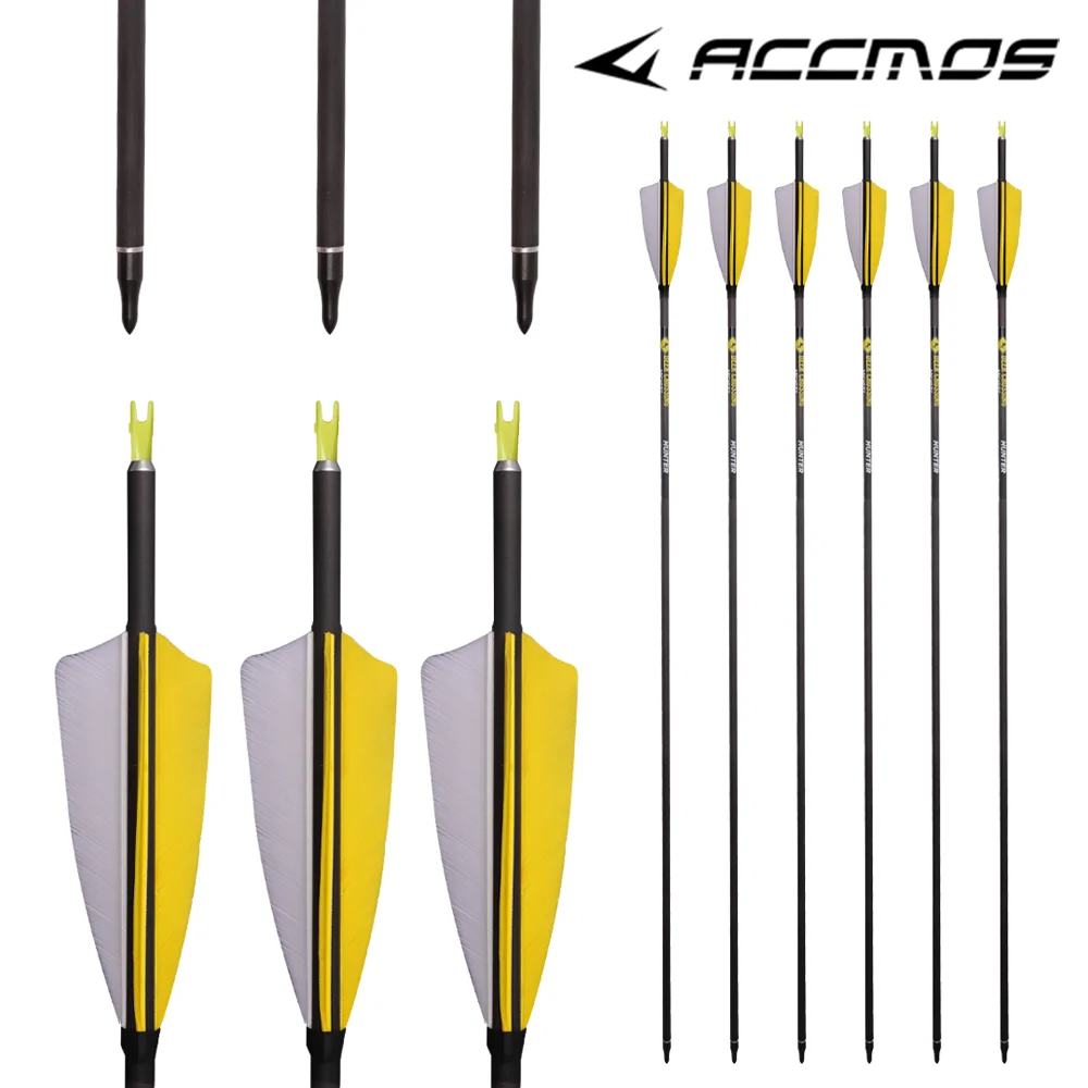 New ID 6.2mm Natural Feather Arrows 6 or 12pcs Pure Carbon Arrow 31'' Spine 300 350 400 500 600 700 800 With Heat Shrink Sticker