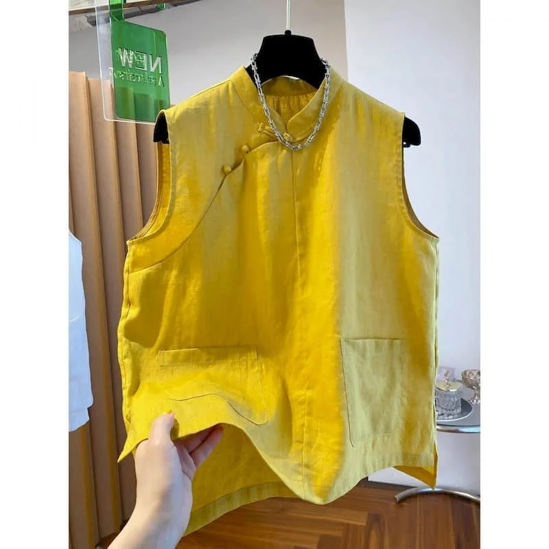 Aesthetics Vests O-neck Casual Korean Style Frog Button Crop Tops A-line Hem Design Shirts 2026 Summer Wear Thin Women Clothing