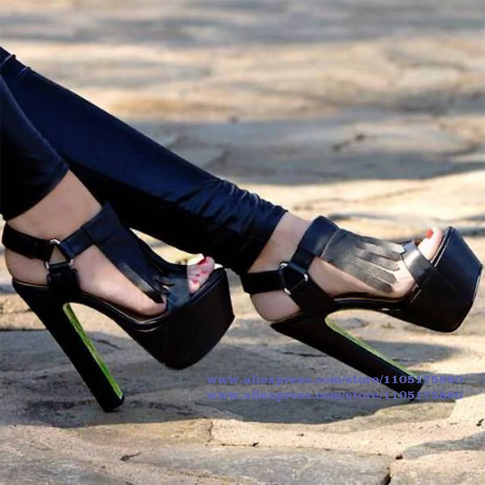 

Black Leather Platform Tassel Sandals Round Toe High Heels Pumps Elegant Women Dress Party Shoes Sandalias De Mujer Verano