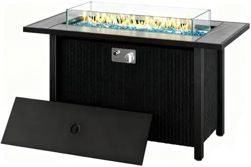 45 Inch Propane Fire Pit Table, 50,000 Outdoor Gas Fire Pit for Patio & Backyard, 2-in-1 Firt Dining Table with Glass